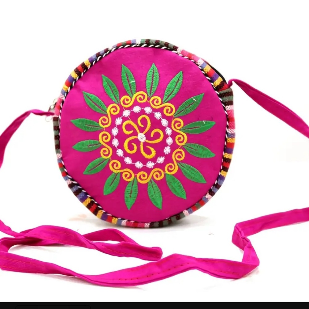 Pink and Green Circular Crossbody Bag with Embroidered Design